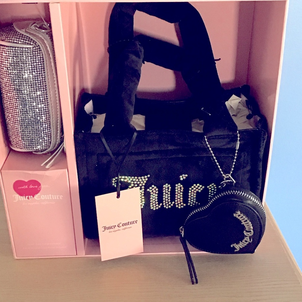 NWT Juicy Couture Big Spender 3 Pcs Black Bag Heart Purse Barrel Coin Purse Set